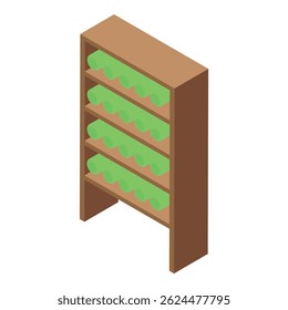 This isometric icon features a wooden wine rack storing green wine bottles