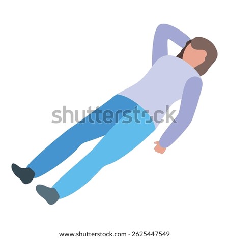 This isometric icon illustration shows a young woman lying down on her back, appearing relaxed