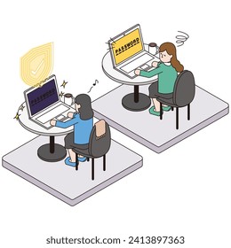This is an isometric illustration of the anxiety and security of passwords depending on the presence or absence of security.