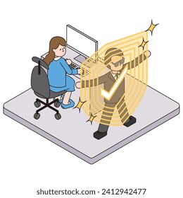 Esta es una ilustración isométrica del bloqueo de infecciones de virus con seguridad sólida.