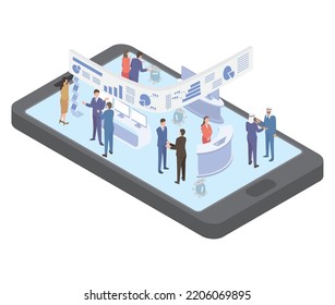 This Is An Isometric Illustration Of A Business Person Who Has Global Business Negotiations At An Online Exhibition.