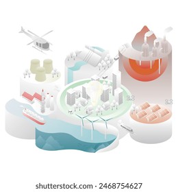 Esta es una ilustración isométrica C de una ciudad inteligente rodeada de energía e infraestructura.