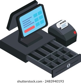 This is an isometric illustration of a cash register with a receipt printer and a cash drawer.