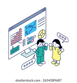 Esta é uma ilustração isométrica de uma criança apresentando ideias enquanto olha para gráficos e mapas em um monitor.