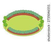 This is an isometric illustration of a circular plaza and garden (lawn, park, green space).