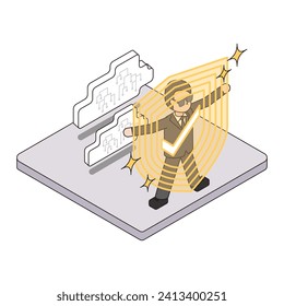 This is an isometric illustration of a cloud protected by security software from cyber attacks.