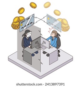 This is an isometric illustration of a company computer being skimmed and credit card information stolen.