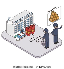 This is an isometric illustration of a criminal group hijacking a hospital system through a cyber attack and demanding a ransom.