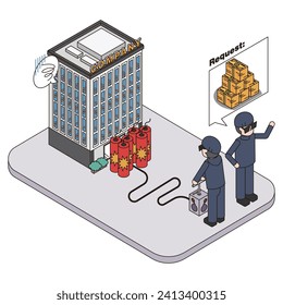 This is an isometric illustration of a criminal group hijacking a company's system through a cyber attack and demanding a ransom.