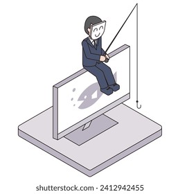 This is an isometric illustration of a criminal who commits a phishing scam.