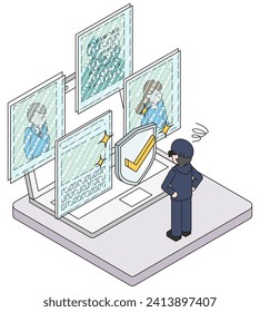 This is an isometric illustration of a criminal who cannot steal information on a computer because a watermark is displayed.