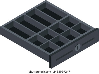 This isometric illustration depicts a cash drawer with compartments and a keyhole.  It's ideal for showcasing retail transactions, cash flow, or point-of-sale systems.