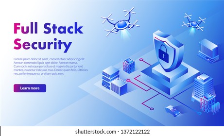 This isometric illustration depicts flying droids that provide full stack security in various areas of human life
