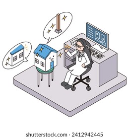 Esta es una ilustración isométrica de una casa separada y de un médico masculino que examina la casa debido al deterioro de las paredes y columnas exteriores.