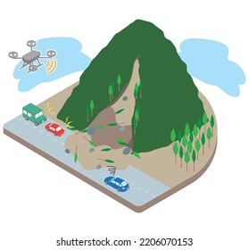 This is an isometric illustration of a drone that confirms a landslide in the mountains that is closed to traffic.