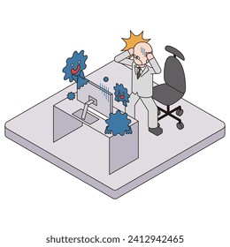 This is an isometric illustration of an elderly male office worker who is infected with a computer virus and is confused.