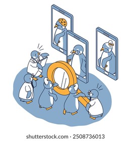 Esta es una ilustración isométrica de un pingüino anciano que verifica su salud a través de tratamiento médico en línea.