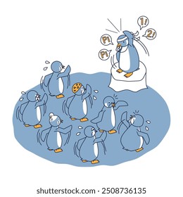 Esta é uma ilustração isométrica de um pinguim idoso que se exercita para prolongar a sua vida saudável de modo a não exigir cuidados de enfermagem.