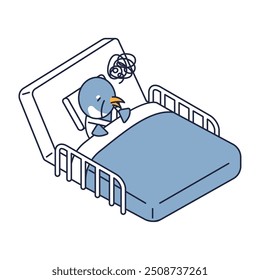 This is an isometric illustration of an elderly penguin who becomes ill and spends his time in a hospital bed.