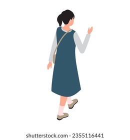 This is an isometric illustration of elementary school girls walking in casual clothes.