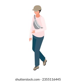 This is an isometric illustration of an elementary school boy walking in casual clothes.