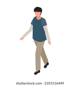 This is an isometric illustration of an elementary school boy walking in casual clothes.