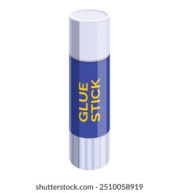 This isometric illustration features a blue and white glue stick standing upright, representing arts, crafts, and school supplies