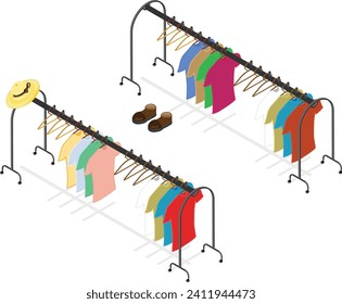 This isometric illustration features a row of clothes racks overflowing with colorful clothing and shoes. Perfect for adding a touch of style and personality to your design projects.