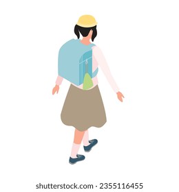 This is an isometric illustration of a female elementary school student walking with a school bag on her back.