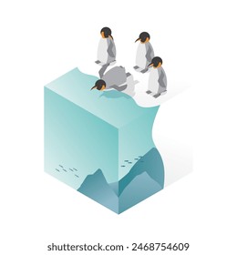 This is an isometric illustration of the first penguin jumping into the feeding area.