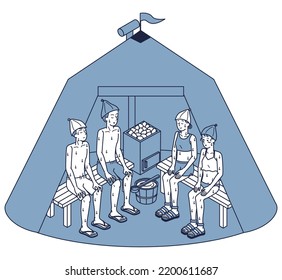 This is an isometric illustration of a group of men and women enjoying self-routing in a tent-shaped sauna installed outdoors.