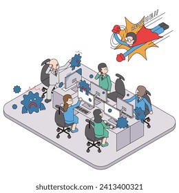 This is an isometric illustration of a hero coming to the rescue in a company where a computer virus is spreading.