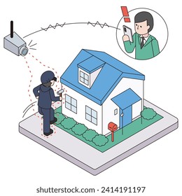 This is an isometric illustration of a homeowner who detected a suspicious person using a surveillance camera and received a notification.