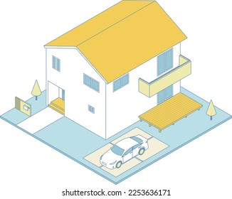 This is an isometric illustration of a house and a car.