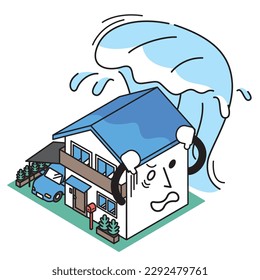 This is an isometric illustration of a house damaged by the tsunami.
