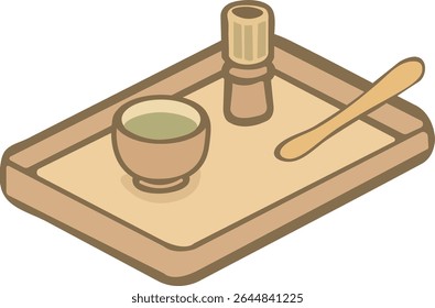This is an isometric illustration of a Japanese tea ceremony set on a tray, featuring a tea bowl, bamboo whisk, and wooden spoon in soft pastel tones.