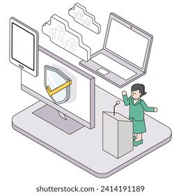 This is an isometric illustration of a lecturer giving security courses such as cyber attacks.