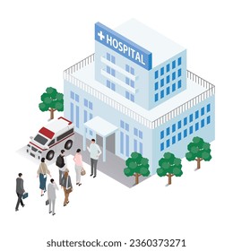 This is an isometric illustration of a line forming in front of a hospital.