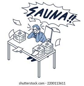 This is an isometric illustration of a male office worker heading to a work desk where he has a lot of work and is stressed and wants to go to the sauna.