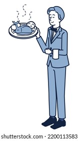 This Is An Isometric Illustration Of A Male Restaurant Staff Carrying An Insect-eating Beetle Hamburger Steak.