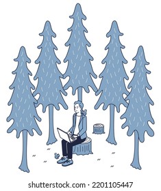 This is an isometric illustration of a man with a squirrel on his shoulder working on a computer surrounded by many trees.