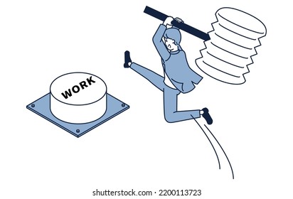 This Is An Isometric Illustration Of A Man In A Suit With A Big Hammer Going To Break The Switch.