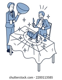 This is an isometric illustration of a man who looks happy because his favorite insect-eating cricket came out at the restaurant and a man who is a restaurant staff member.