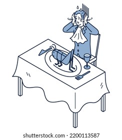 This is an isometric illustration of a man who is confused about what to do with crickets on a plate for the first time with insect food.