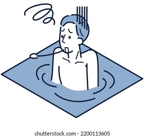 This is an isometric illustration of a man who is disappointed because he has taken a water bath, which is the main dish after the sauna.