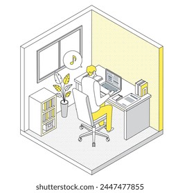 This is an isometric illustration of a man working remotely.