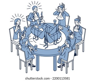 This is an isometric illustration of a mixture of people who are happy and people who are not good at seeing a huge cricket ordered at a restaurant on a plate.