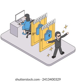 This is an isometric illustration of an office worker who is protected by using two-step authentication to strengthen security.