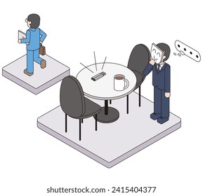 This is an isometric illustration of an office worker who forgot a USB containing important information outside the company, and a criminal plotting to exploit it.