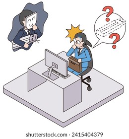 This is an isometric illustration of an office worker who forgot a USB containing important information outside the company, and a criminal plotting to exploit it.